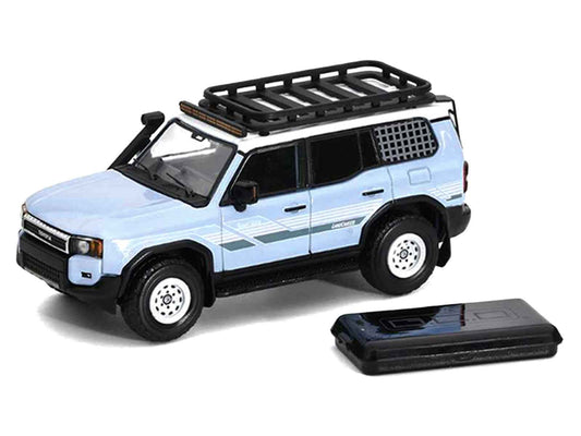 2024 Toyota Land Cruiser Prado Light Blue with White Top and Stripes with Roof Rack and Accessory 1/64 Diecast Model Car by GCD