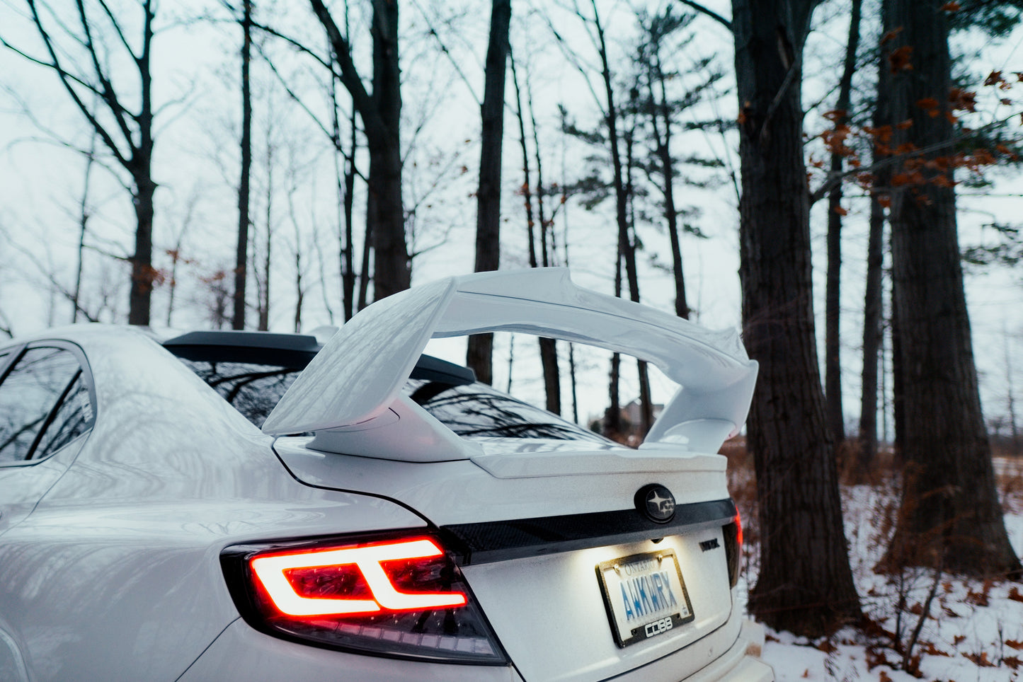 OLM Spec-AR LED taillights with clear lens, black base, and white bar on a 2022+ Subaru WRX.
