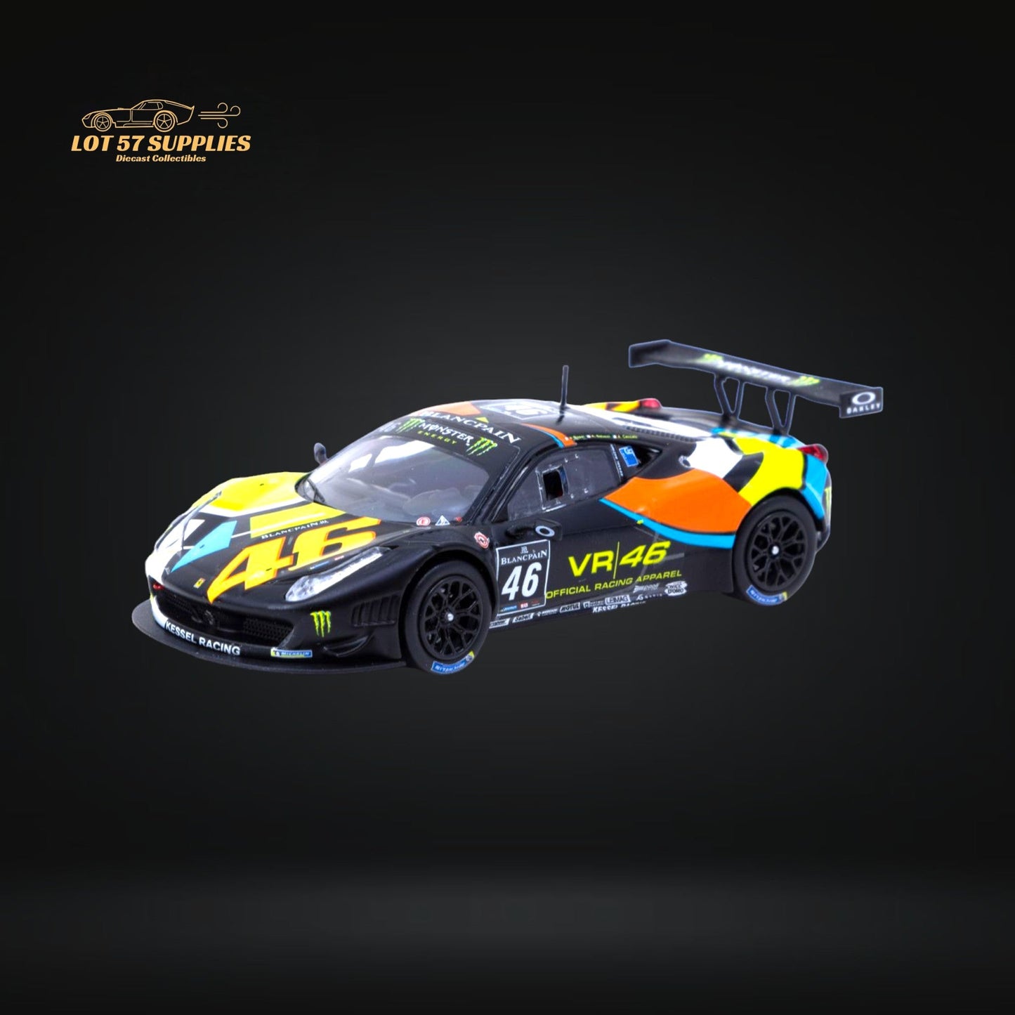 Diecast Ferrari 458 Italia GT3 model by Tarmac Works, detailed 1:64 scale car with red paint and racing decals.