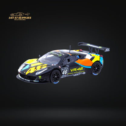 Diecast Ferrari 458 Italia GT3 model by Tarmac Works, detailed 1:64 scale car with red paint and racing decals.