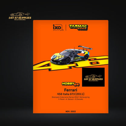 Detailed view of a 1:64 scale Ferrari 458 Italia GT3 diecast model by Tarmac Works, showcasing red exterior and realistic features.