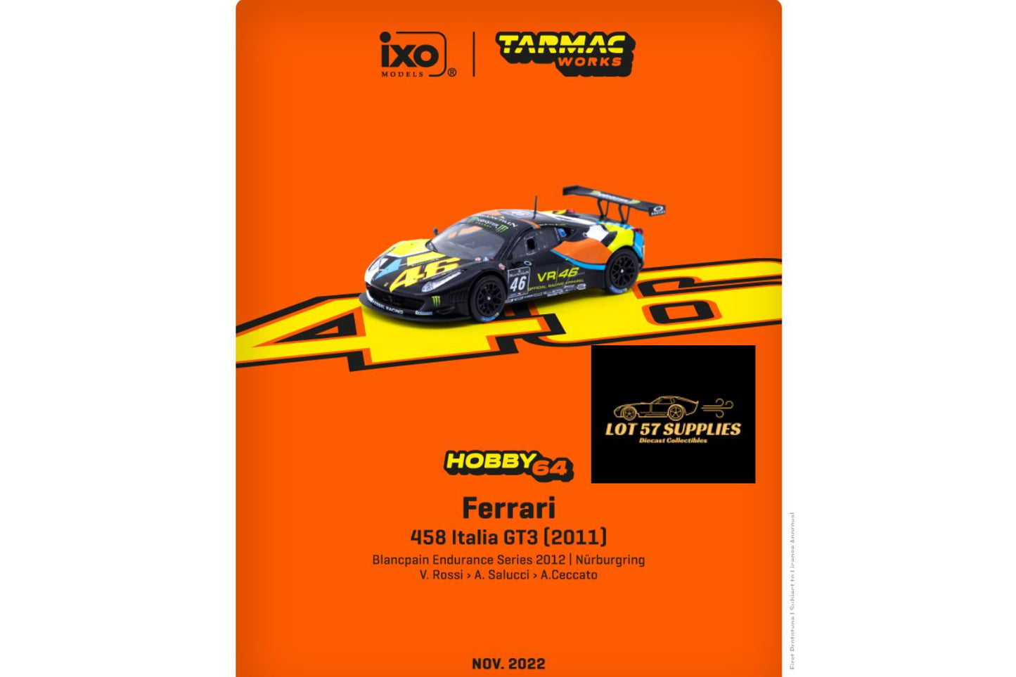 Detailed image of a Ferrari 458 Italia GT3 diecast model by Tarmac Works in 1:64 scale, showcasing red exterior and racing details.