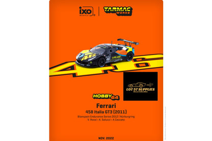 Detailed image of a Ferrari 458 Italia GT3 diecast model by Tarmac Works in 1:64 scale, showcasing red exterior and racing details.