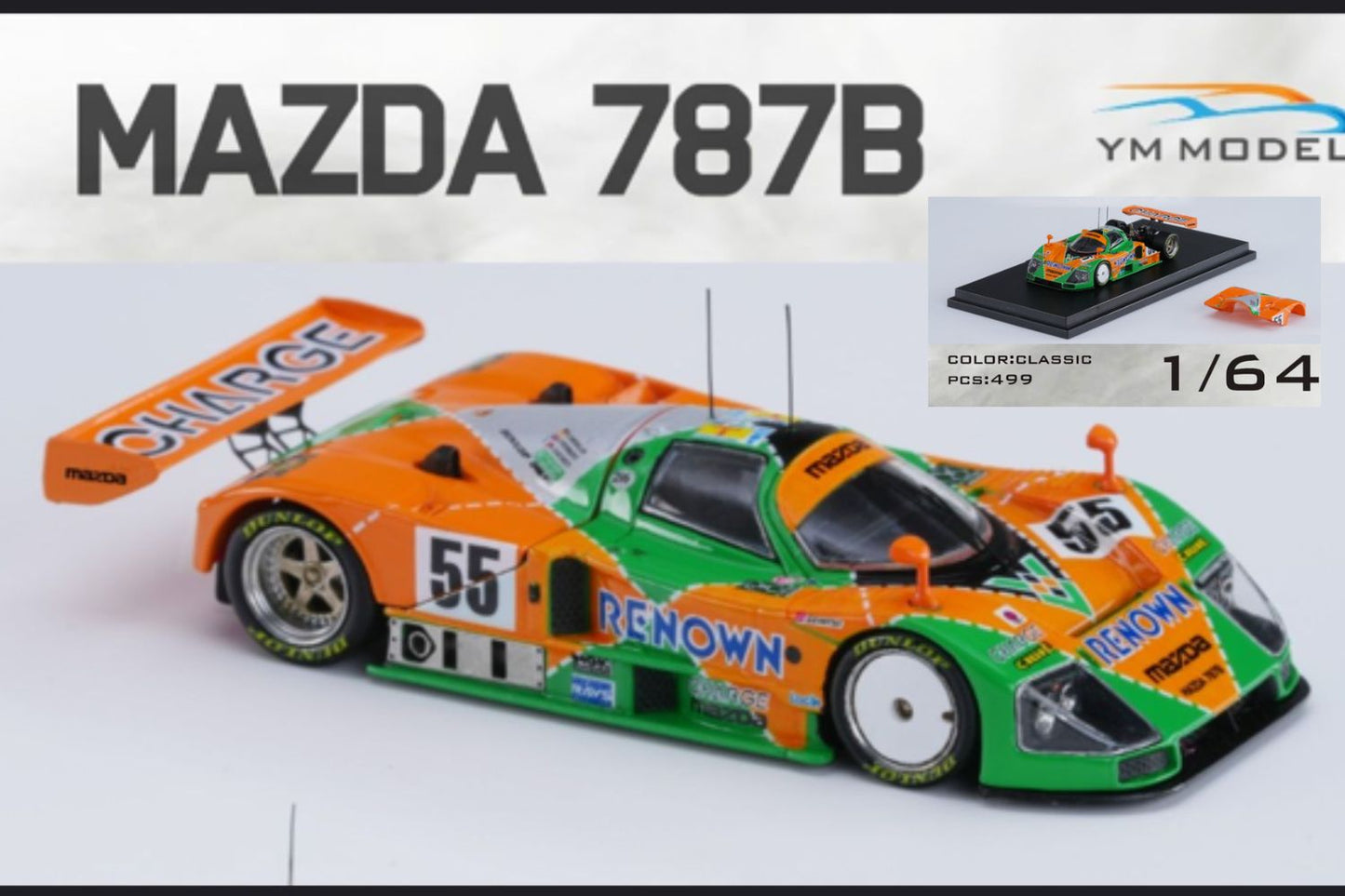 Pre-order Mazda 787b #55 diecast model by Lot57Supplies, 1:64 scale, detailed Mazda race car replica, front view.