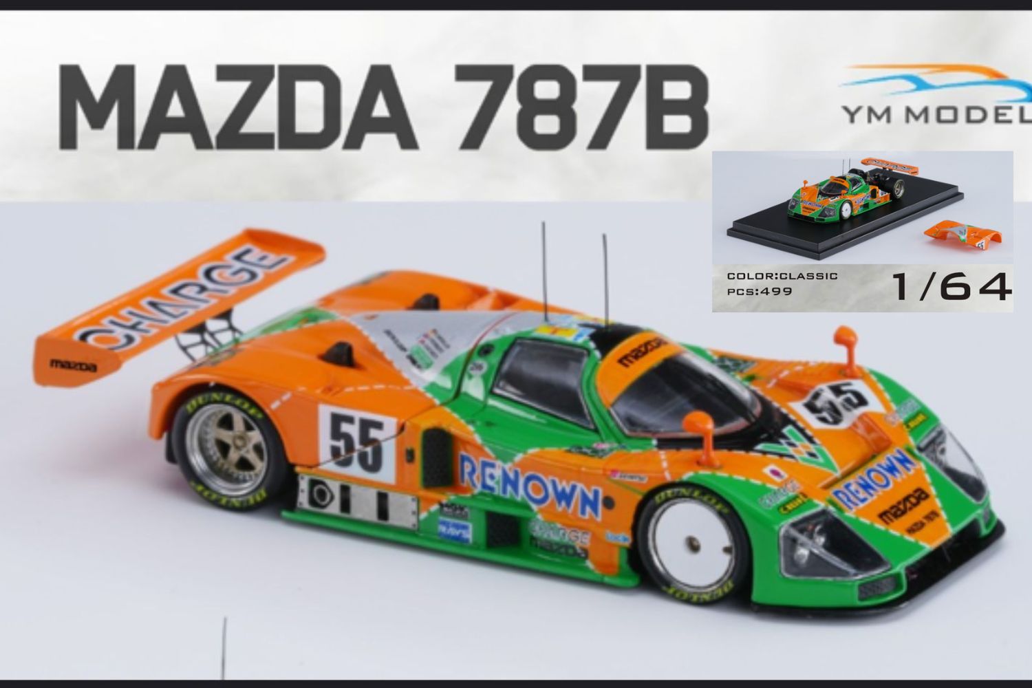Pre-order Mazda 787b #55 diecast model by Lot57Supplies, 1:64 scale, detailed Mazda race car replica, front view.