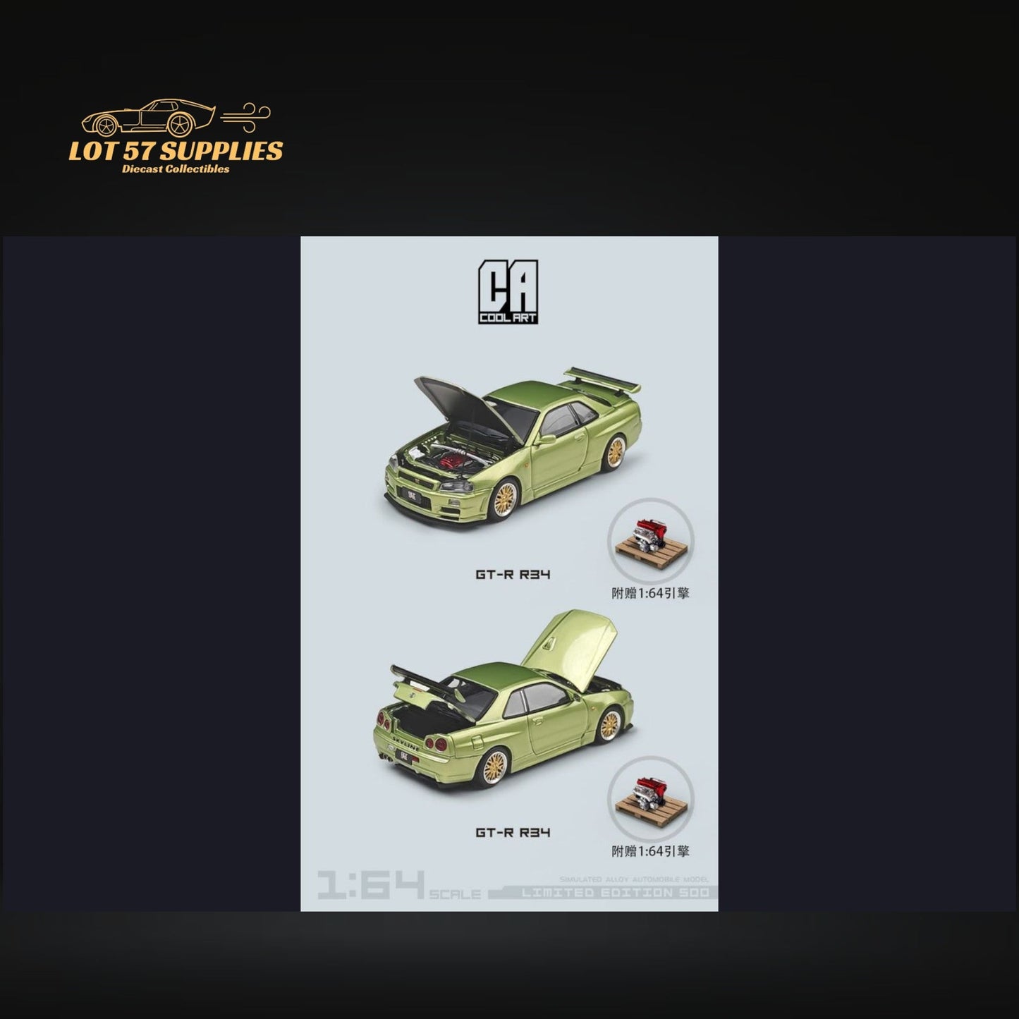 Nissan Skyline GT-R R34 diecast model in Jade Green, 1:64 scale by Lot57Supplies Diecast Shop, detailed miniature car.