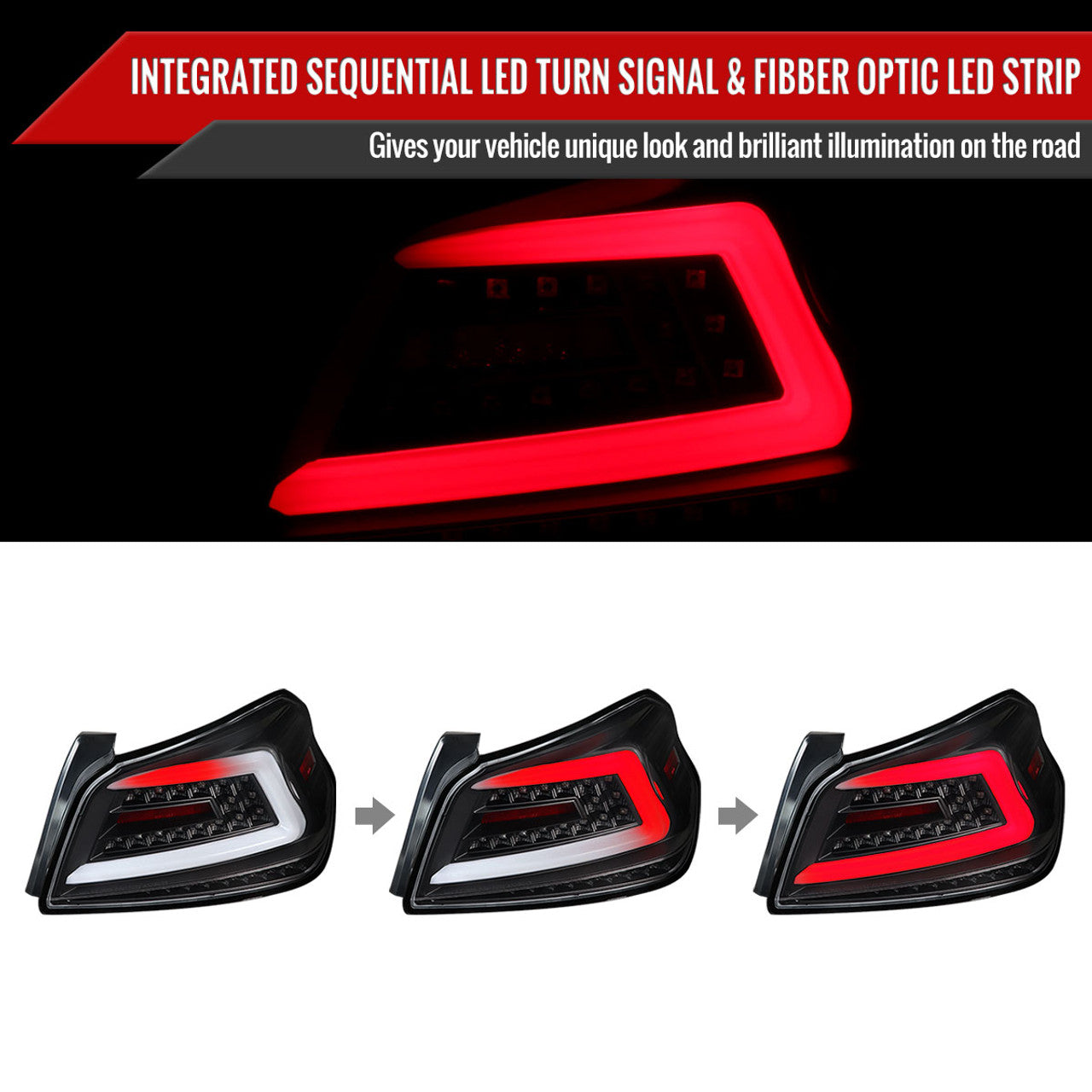 NTXGlow Spec-D LED tail lights with black housing for 2015-2021 Subaru WRX and STI, showing sleek, modern rear lighting design.