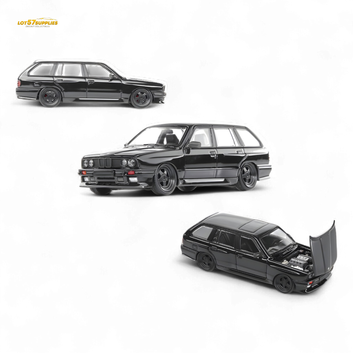 Black BMW E30 M3 diecast model with cambered wheels in 1:64 scale by Lot57Supplies Diecast Shop.