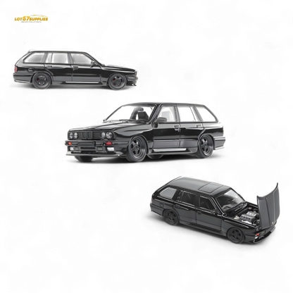 Black BMW E30 M3 diecast model with cambered wheels in 1:64 scale by Lot57Supplies Diecast Shop.