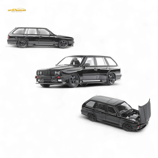 Black BMW E30 M3 diecast model with cambered wheels in 1:64 scale by Lot57Supplies Diecast Shop.