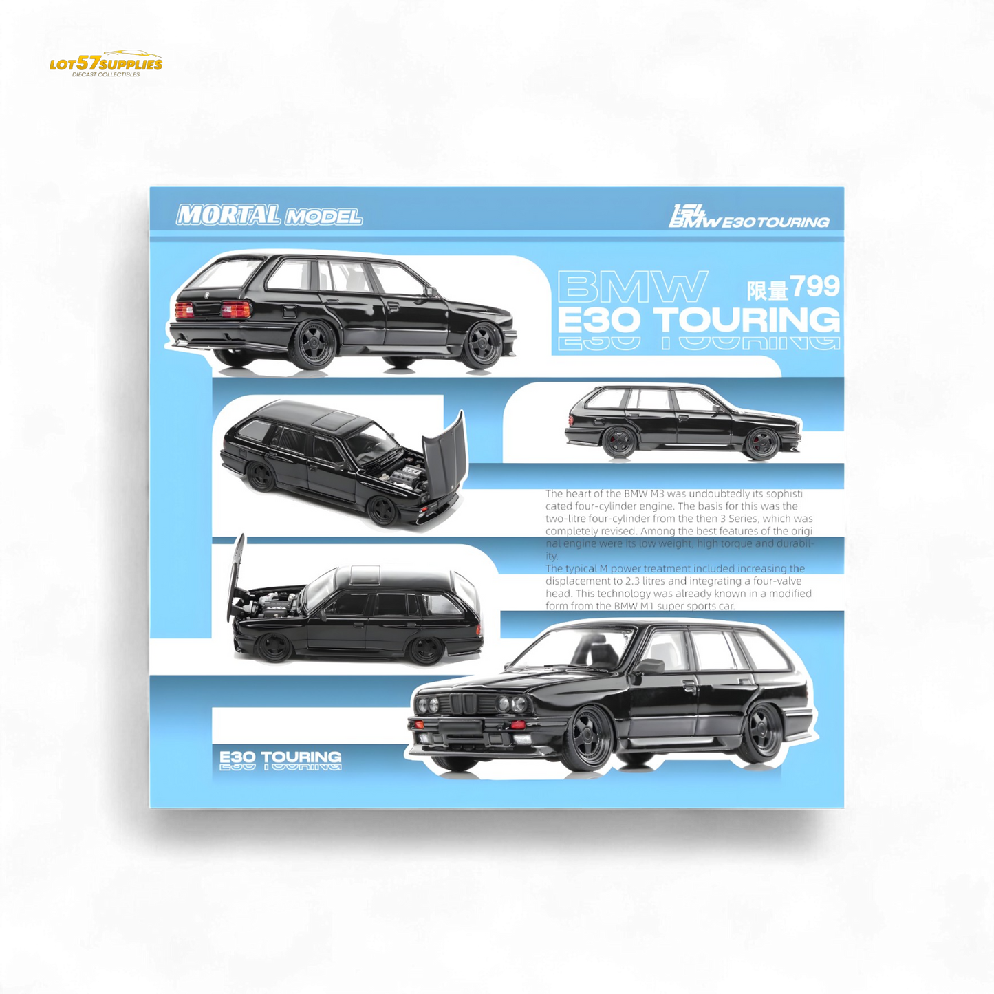 Black BMW E30 M3 diecast car in 1:64 scale with cambered wheels from Lot57Supplies, detailed miniature model for collectors.