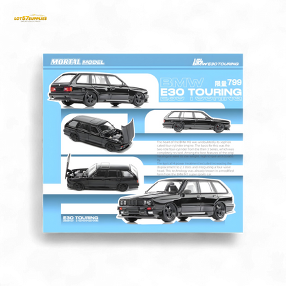 Black BMW E30 M3 diecast car in 1:64 scale with cambered wheels from Lot57Supplies, detailed miniature model for collectors.