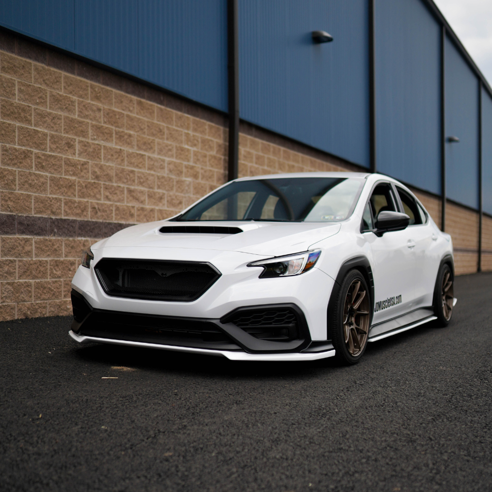 JDMuscle front bumper grille for 2022-2025 Subaru WRX, CS Style V1, in paint-matched and gloss black finish.