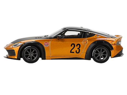 Nissan Fairlady Z #23 "LB-NATION WORKS" LB Gold Metallic with Matt Black Hood and Black Top Limited Edition 1/64 Diecast Model Car by Mini GT