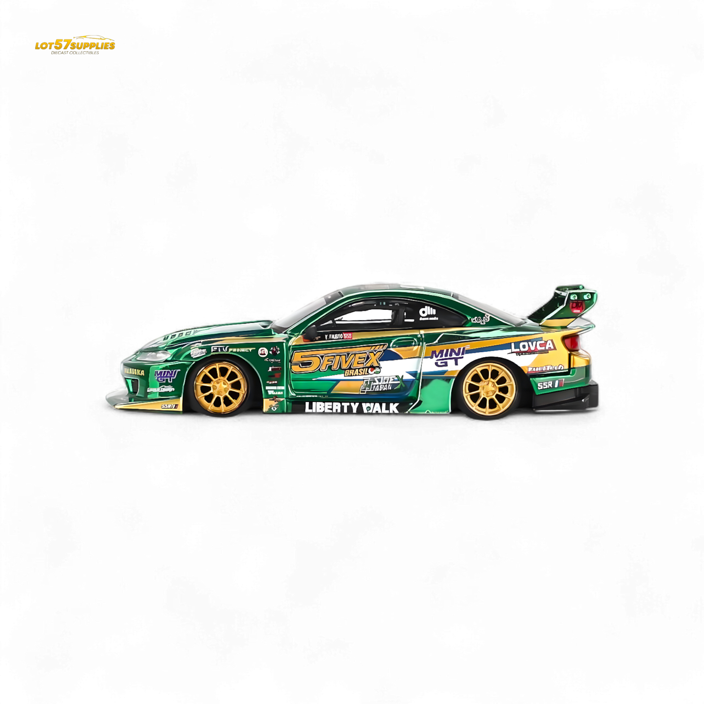 Mini-GT Nissan S15 Silvia LB-Super Silhouette 2024 diecast model in racing livery, detailed miniature car for collectors.