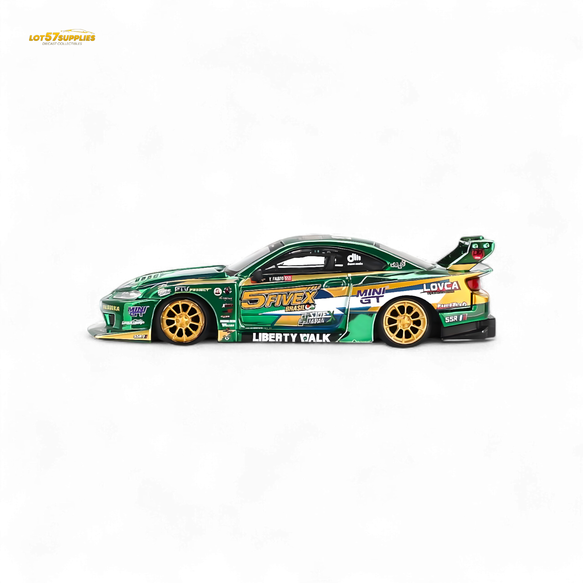 Mini-GT Nissan S15 Silvia LB-Super Silhouette 2024 diecast model in racing livery, detailed miniature car for collectors.