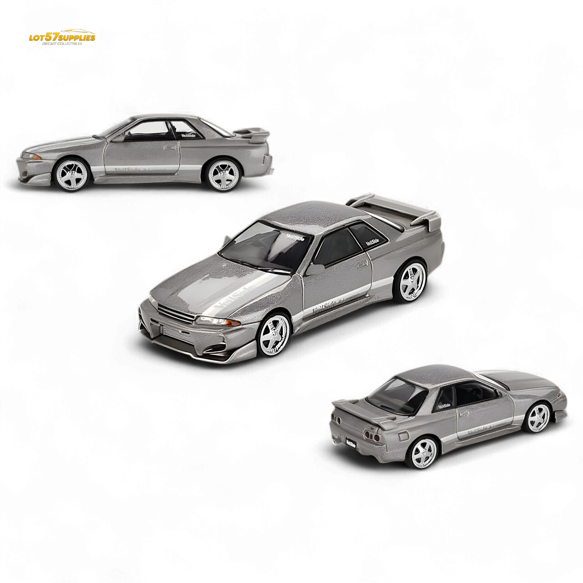 Mini GT Nissan Skyline GT-R R32 Veilside Combat grey diecast model in 1:64 scale, detailed view of the collectible toy car.