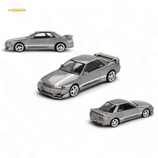Mini GT Nissan Skyline GT-R R32 Veilside Combat grey diecast model in 1:64 scale, detailed view of the collectible toy car.