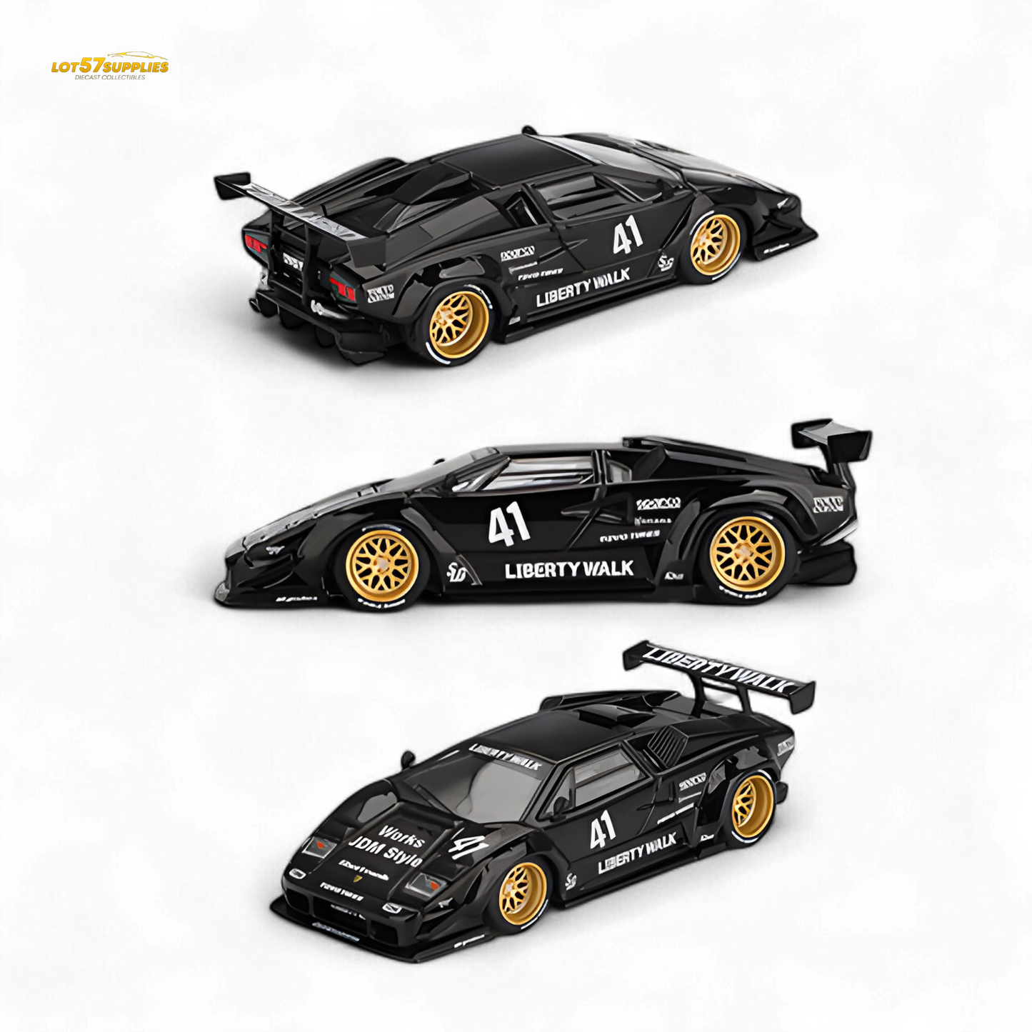 Mini GT Lamborghini Countach LB-WORKS diecast model in black, 1:64 scale, detailed Lamborghini replica from Lot57Supplies Diecast Shop.