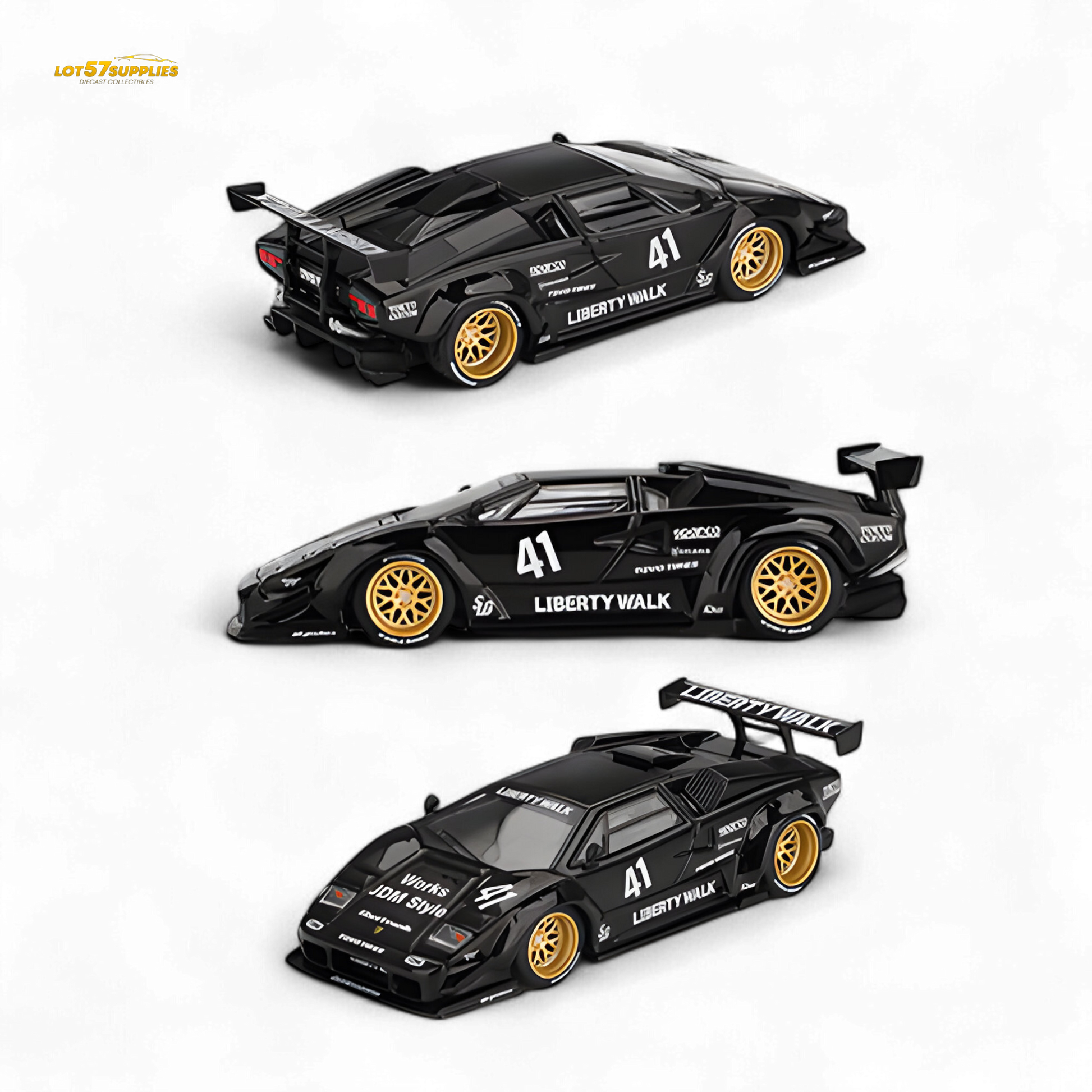 Mini GT Lamborghini Countach LB-WORKS diecast model in black, 1:64 scale, detailed Lamborghini replica from Lot57Supplies Diecast Shop.