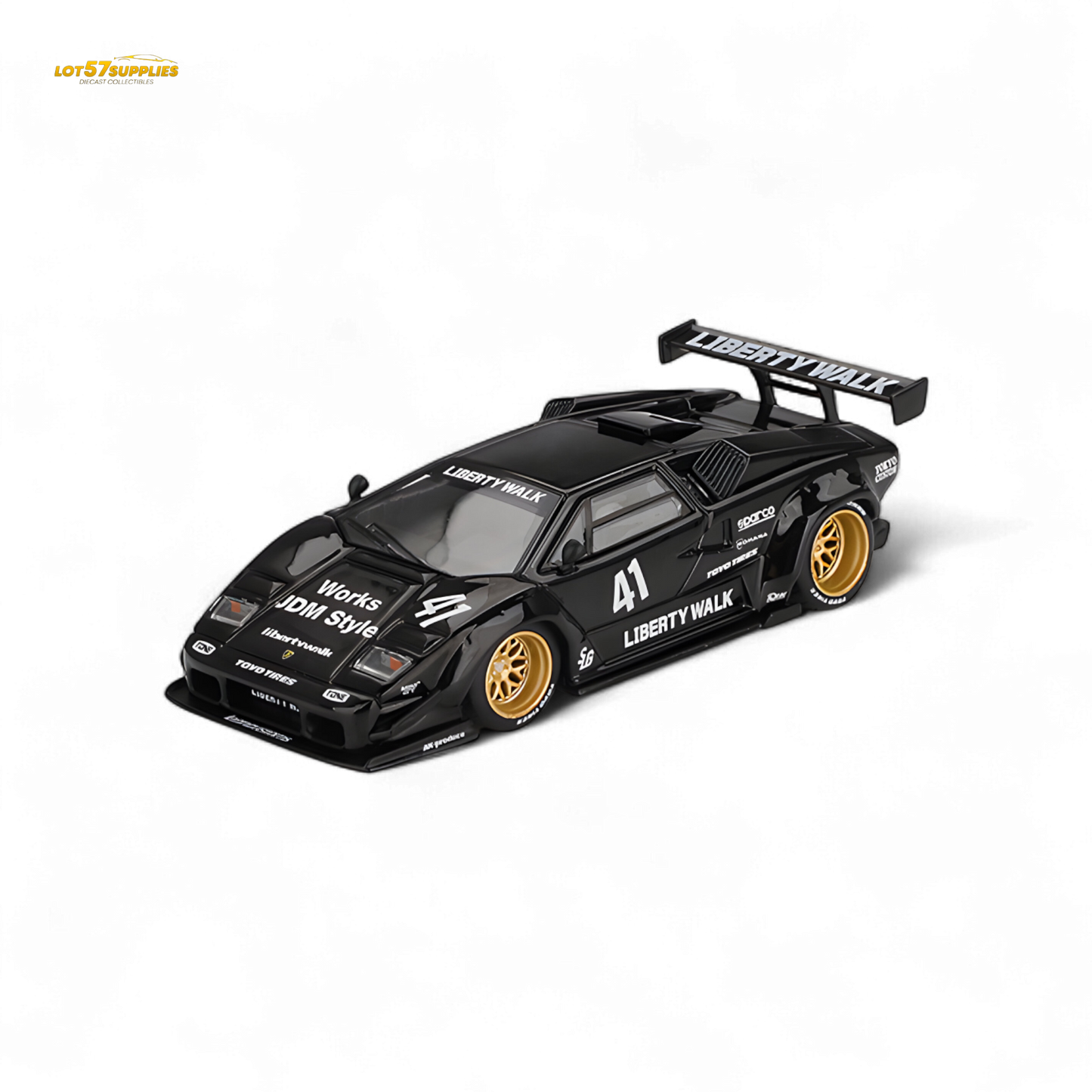 Black Mini GT Lamborghini Countach LB-WORKS diecast model in 1:64 scale, detailed Lamborghini toy car on a plain background