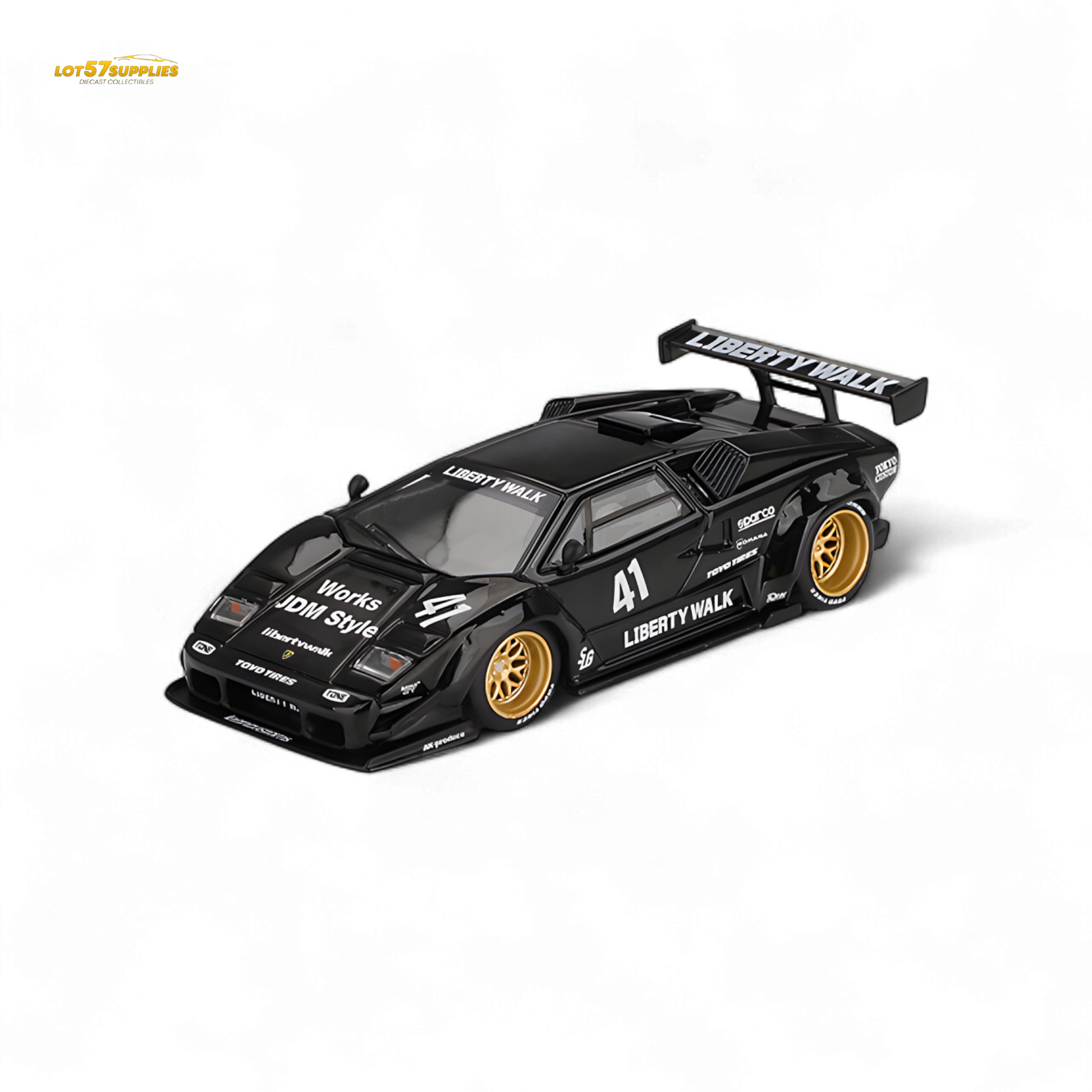 Black Mini GT Lamborghini Countach LB-WORKS diecast model in 1:64 scale, detailed Lamborghini toy car on a plain background
