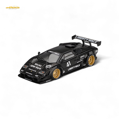 Black Mini GT Lamborghini Countach LB-WORKS diecast model in 1:64 scale, detailed Lamborghini toy car on a plain background