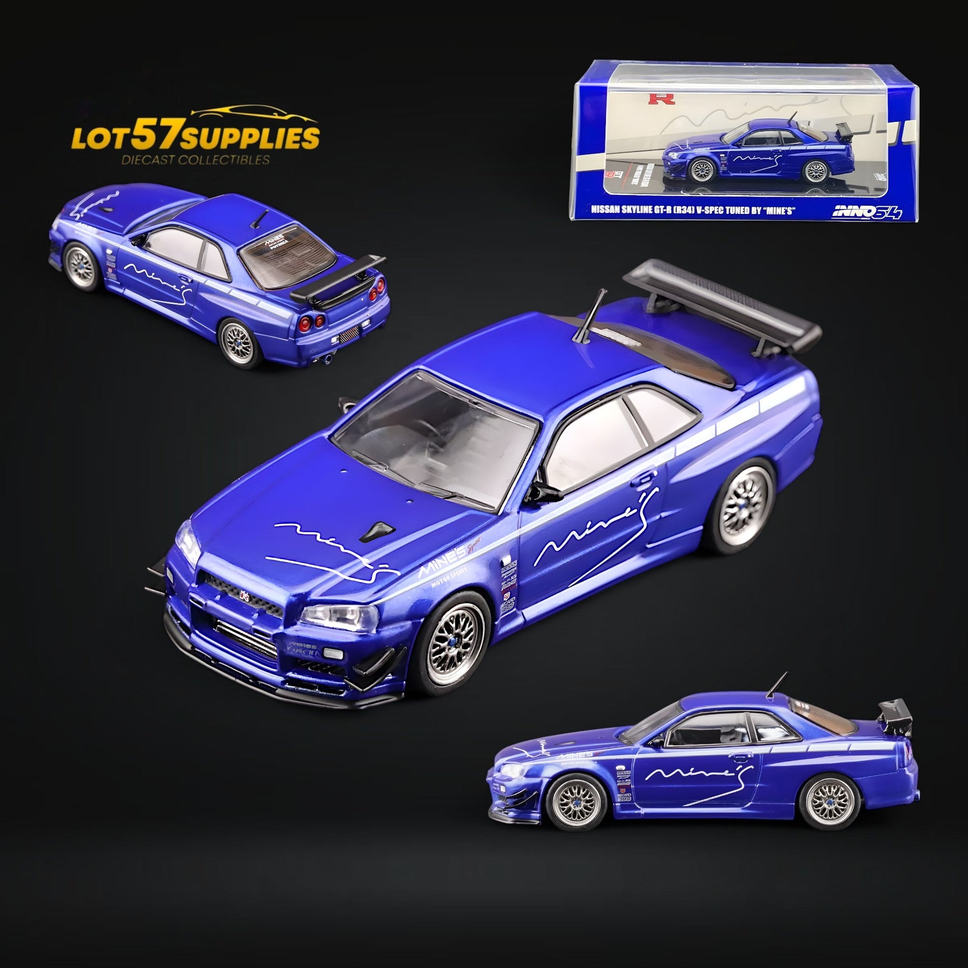 Inno64 Nissan Skyline GT-R R34 V-SPEC MINE'S BLUE 1:64 - Evergreen Kings