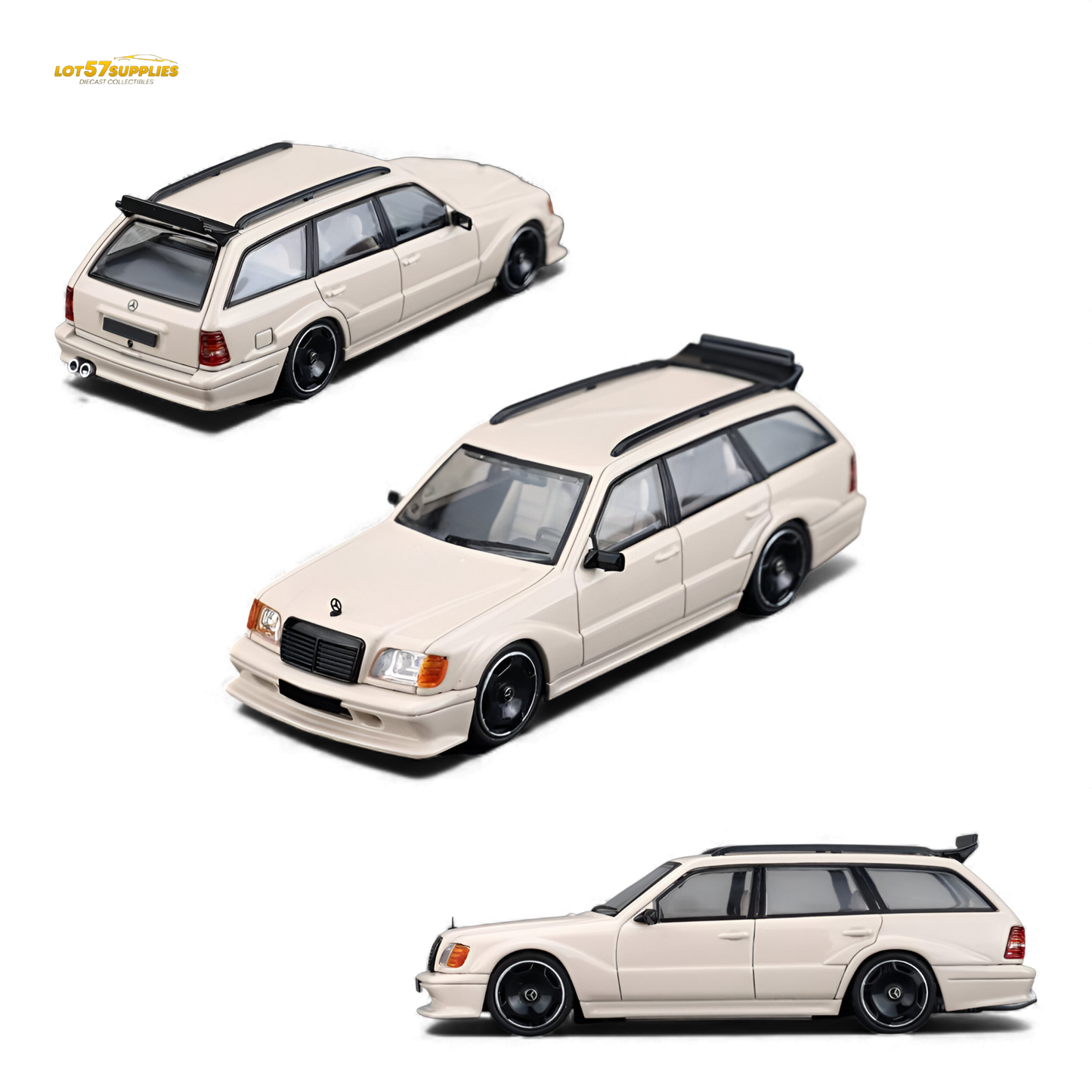 Diecast Mercedes-Benz S124 model in milk tea color, 1:64 scale by Lot57Supplies Diecast Shop, detailed miniature vehicle.