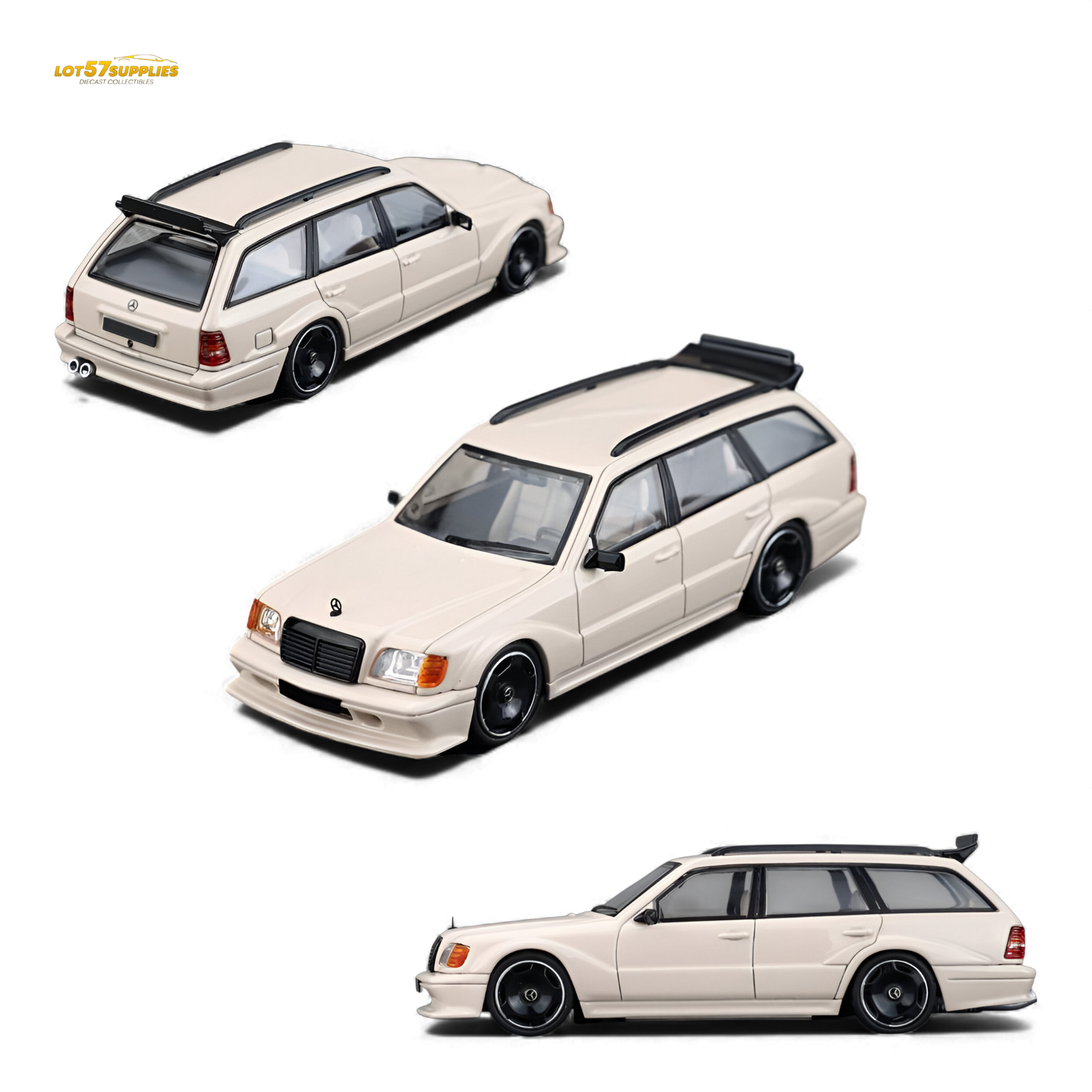 Diecast Mercedes-Benz S124 model in milk tea color, 1:64 scale by Lot57Supplies Diecast Shop, detailed miniature vehicle.