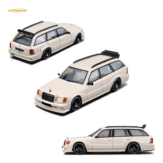 Diecast Mercedes-Benz S124 model in milk tea color, 1:64 scale by Lot57Supplies Diecast Shop, detailed miniature vehicle.