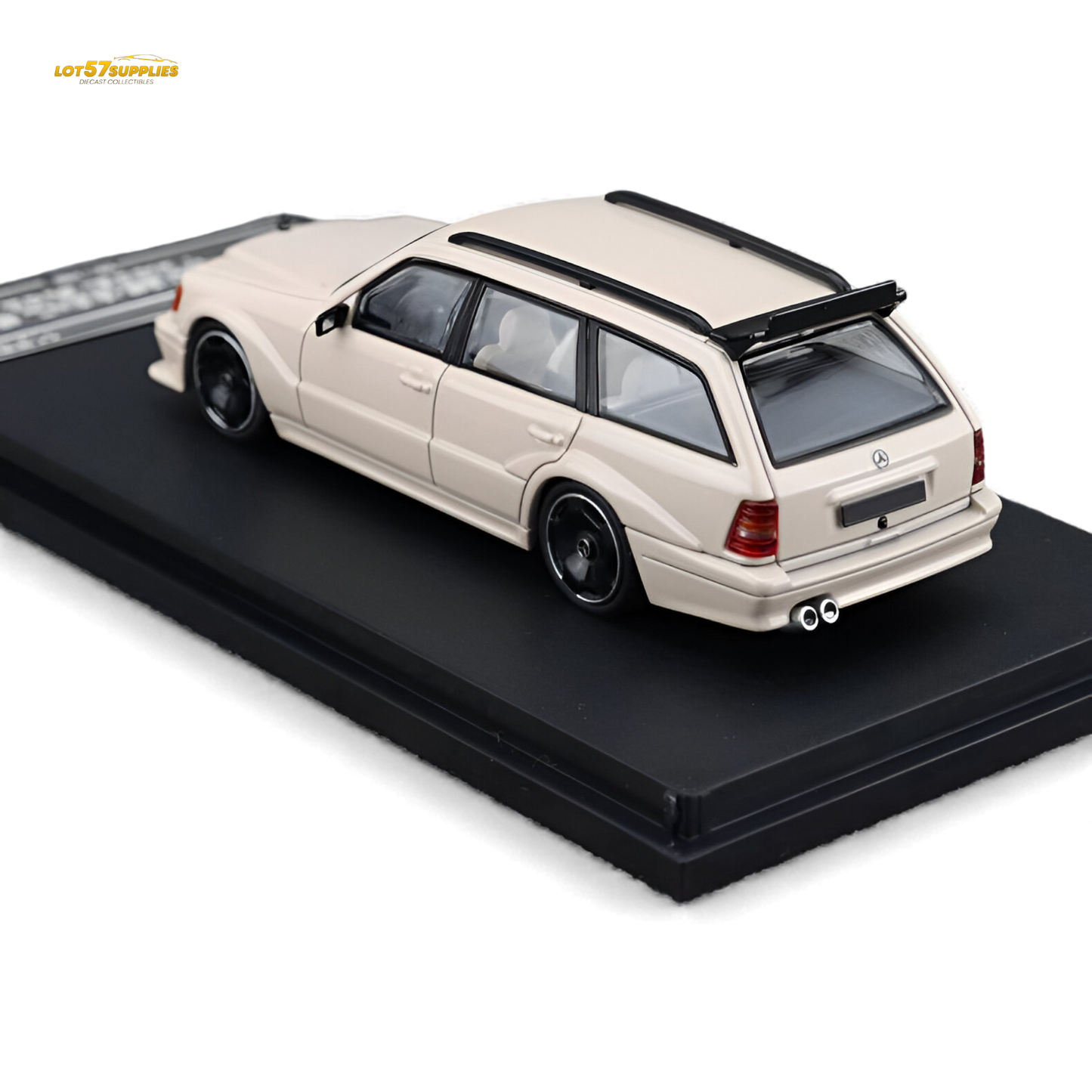 Diecast Mercedes-Benz S124 model in milk tea color by Lot57Supplies Diecast Shop, detailed miniature vehicle, 1:64 scale.