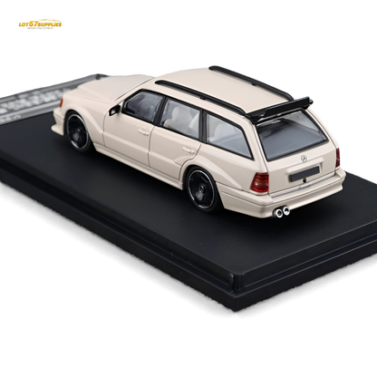 Diecast Mercedes-Benz S124 model in milk tea color by Lot57Supplies Diecast Shop, detailed miniature vehicle, 1:64 scale.
