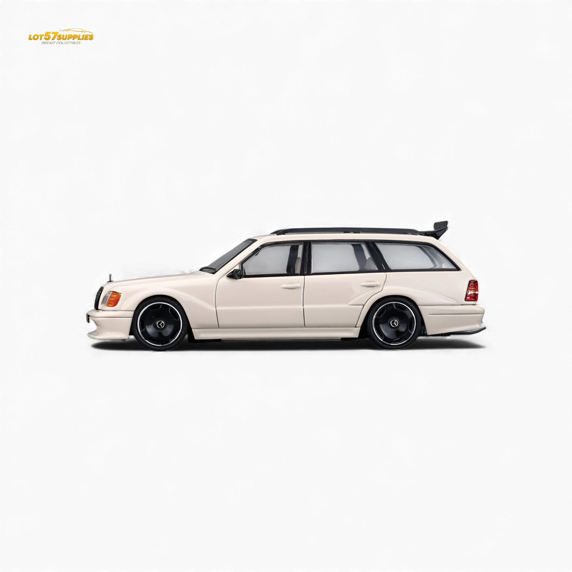 Diecast Mercedes-Benz S124 model in milk tea color, 1:64 scale, featuring detailed design from Lot57Supplies Diecast Shop.