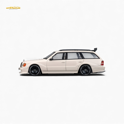 Diecast Mercedes-Benz S124 model in milk tea color, 1:64 scale, featuring detailed design from Lot57Supplies Diecast Shop.