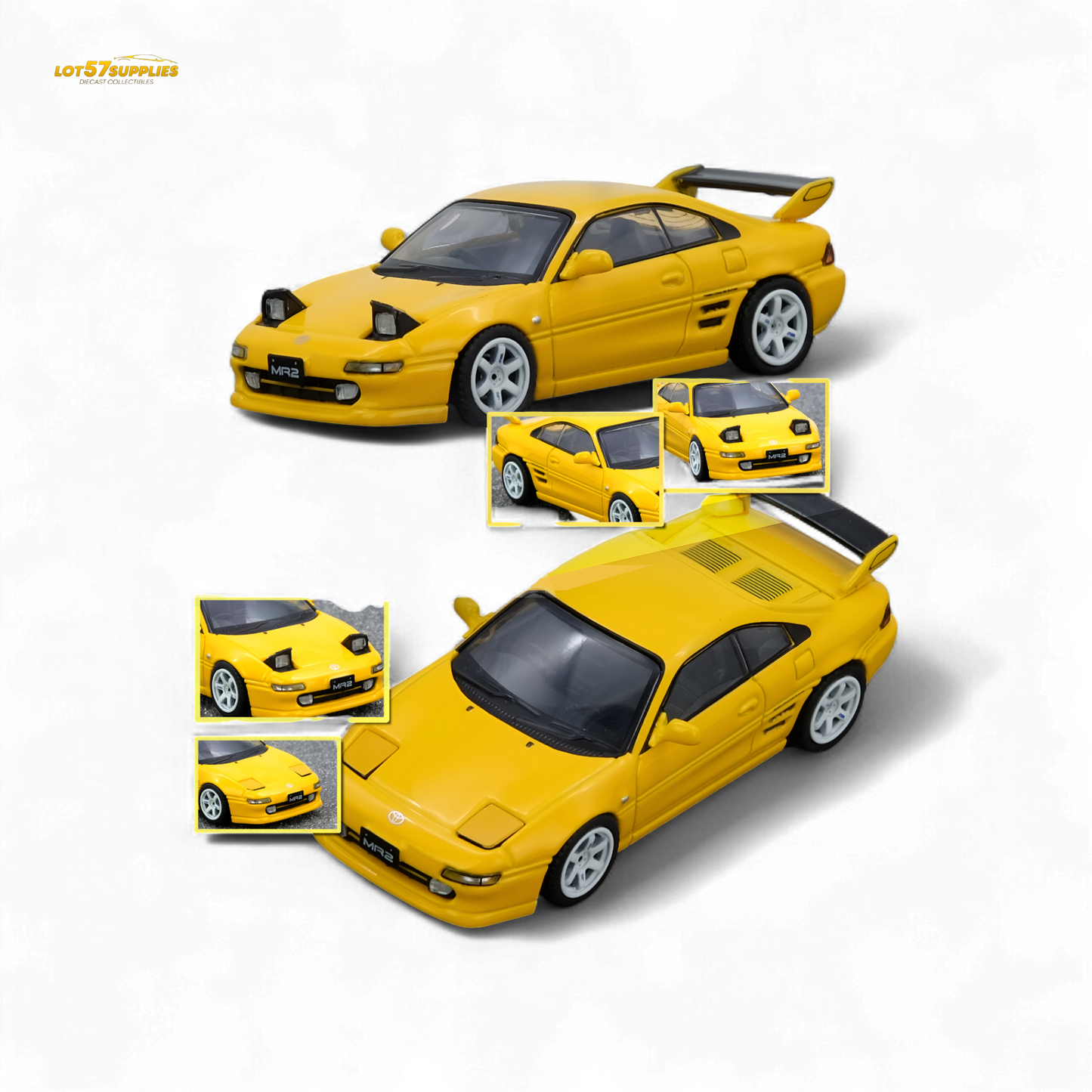 Yellow Inno64 Toyota MR2 SW20 diecast model in 1:64 scale, detailed miniature car on a plain background