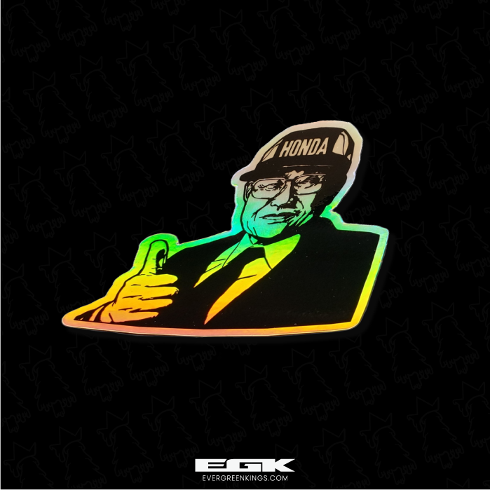Holographic bumper sticker featuring Soichiro Honda design on premium vinyl, 3 inches, by Evergreen Kings.