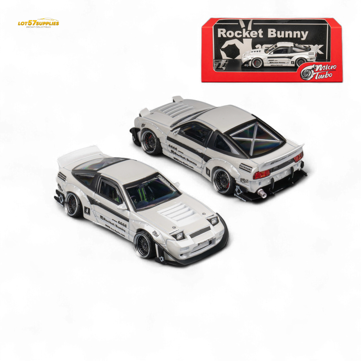 White MicroTurbo Nissan 180SX diecast model with Pandem Rocket Bunny body kit, detailed miniature car by Lot57Supplies Diecast Shop