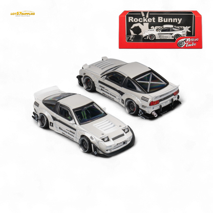 White MicroTurbo Nissan 180SX diecast model with Pandem Rocket Bunny body kit, detailed miniature car by Lot57Supplies Diecast Shop