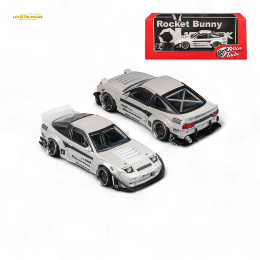White MicroTurbo Nissan 180SX diecast model with Pandem Rocket Bunny body kit, detailed miniature car by Lot57Supplies Diecast Shop