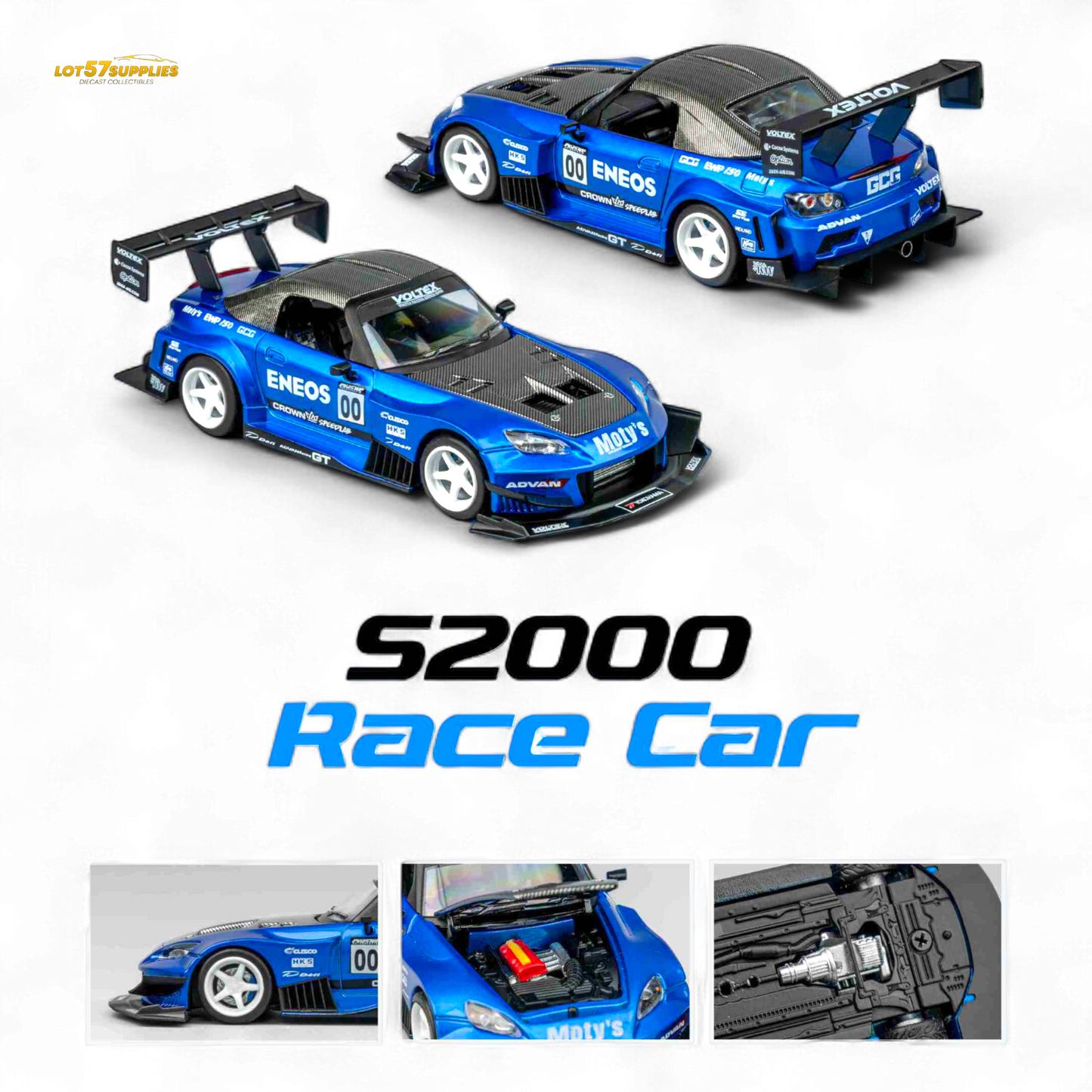 Candy blue 1:64 scale MicroTurbo Honda S2000 diecast model with ENEOS #00 TOP FUEL design, detailed and collectible.