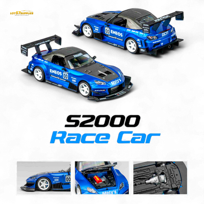 Candy blue 1:64 scale MicroTurbo Honda S2000 diecast model with ENEOS #00 TOP FUEL design, detailed and collectible.