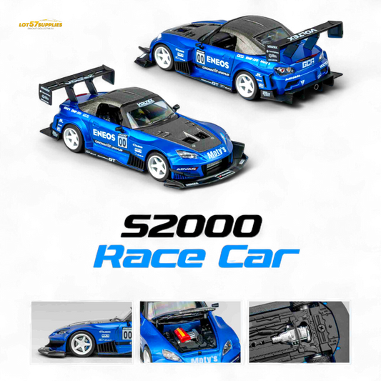 Candy blue 1:64 scale MicroTurbo Honda S2000 diecast model with ENEOS #00 TOP FUEL design, detailed and collectible.