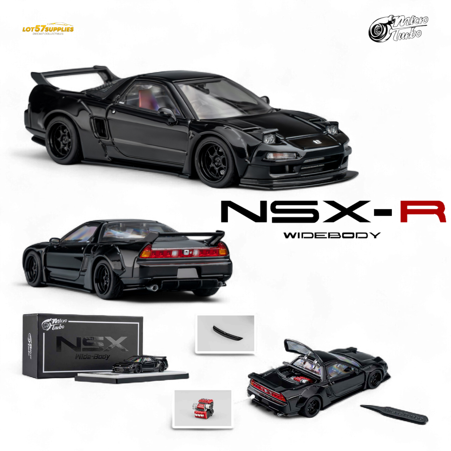 Gloss black Honda Microturbo NSX-R WideBody diecast car, 1:64 scale, detailed miniature model from Lot57Supplies Diecast Shop.