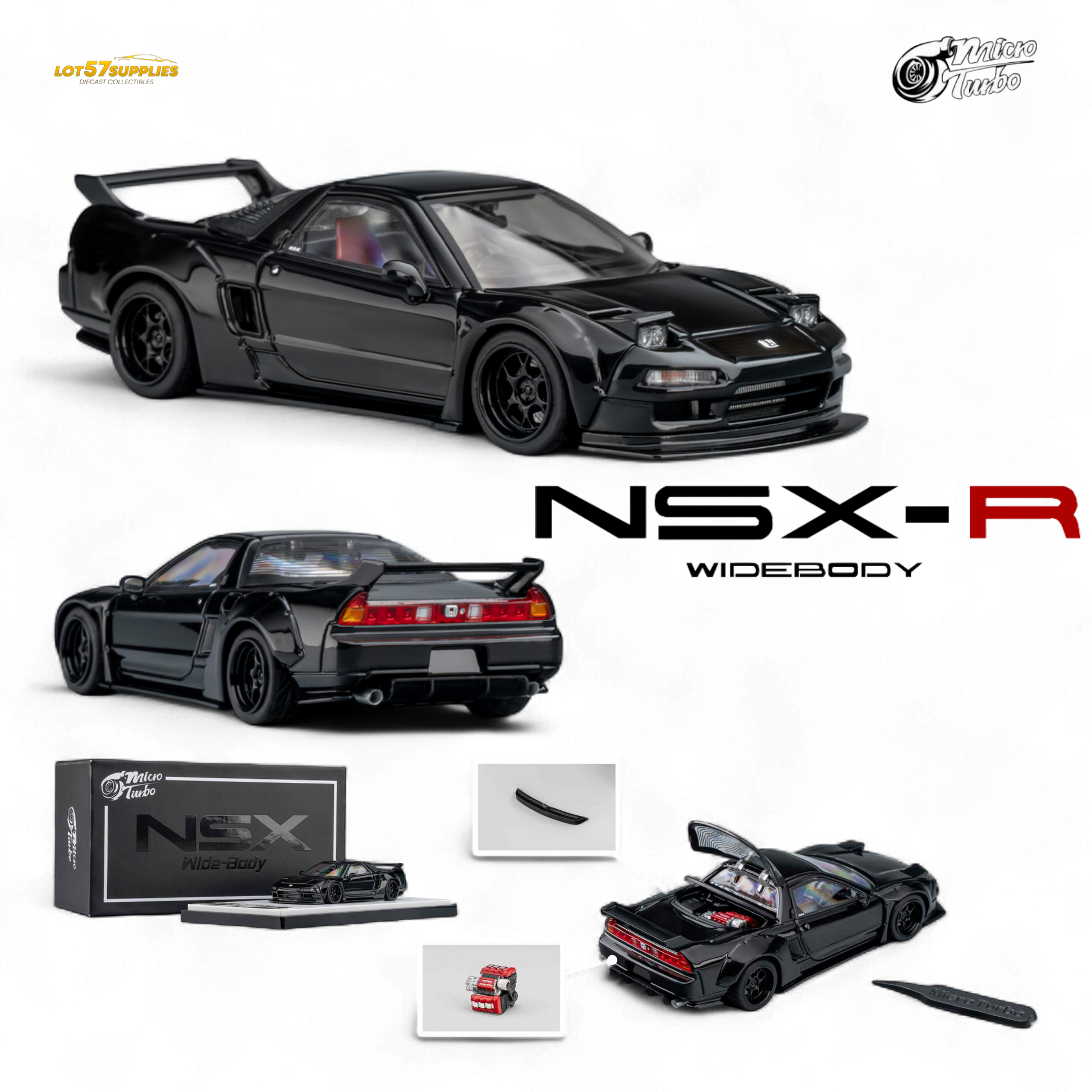 Gloss black Honda Microturbo NSX-R WideBody diecast car, 1:64 scale, detailed miniature model from Lot57Supplies Diecast Shop.