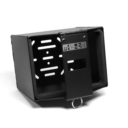 MeLe ATX30 Rally Spec battery mount designed for secure installation in racing vehicles, shown in black with mounting brackets.