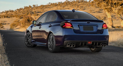 OLM Y-Spec LED taillights with smoke lens and RGB optic for 2015-2021 Subaru WRX/STI, showing sleek tail light design