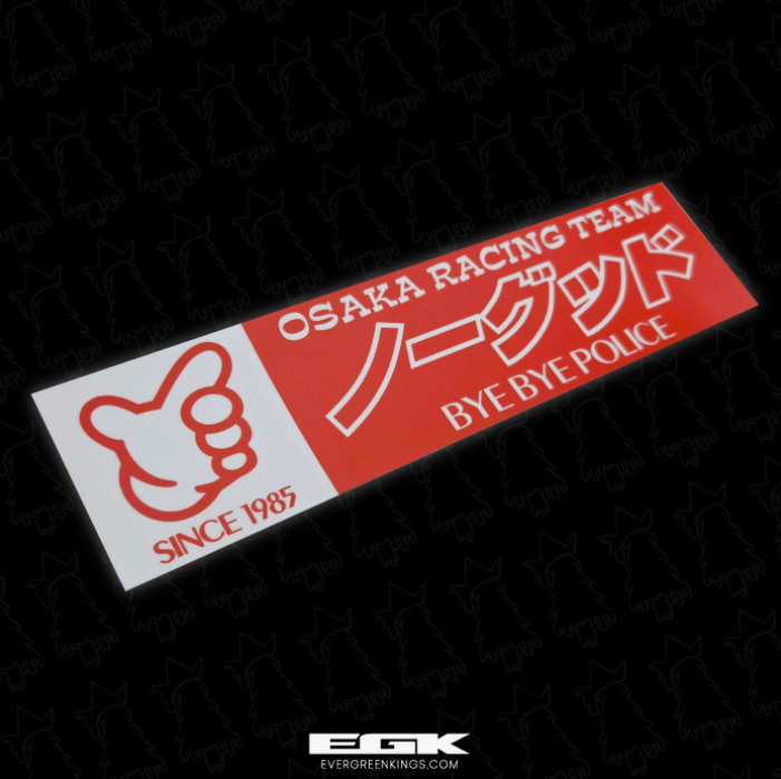 Red Osaka Racing Team bumper sticker by Evergreen Kings, 7.75 inches, featuring bold racing team graphics for car customization.