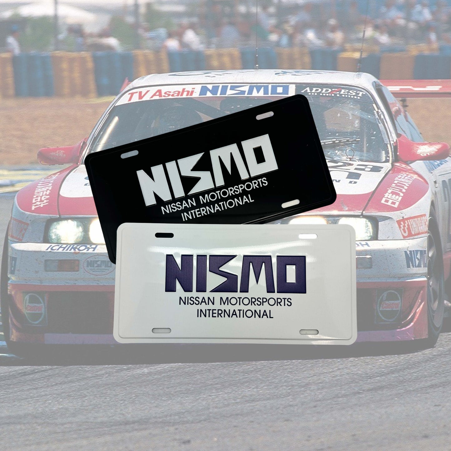 Illumaesthetic Nissan/Nismo dealer license plate with Nismo logo on a sleek, professional-looking plate for car customization.