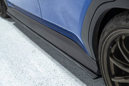 OLM S Style Side Skirts for 2022+ Subaru WRX in matte black, exterior car accessories enhancing sporty look.